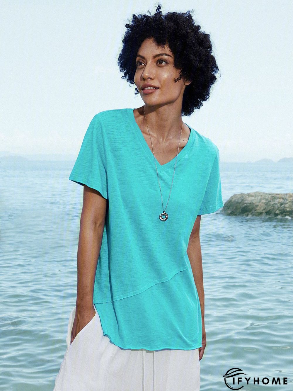 Blue Casual Cotton Solid V Neck T-shirt | IFYHOME