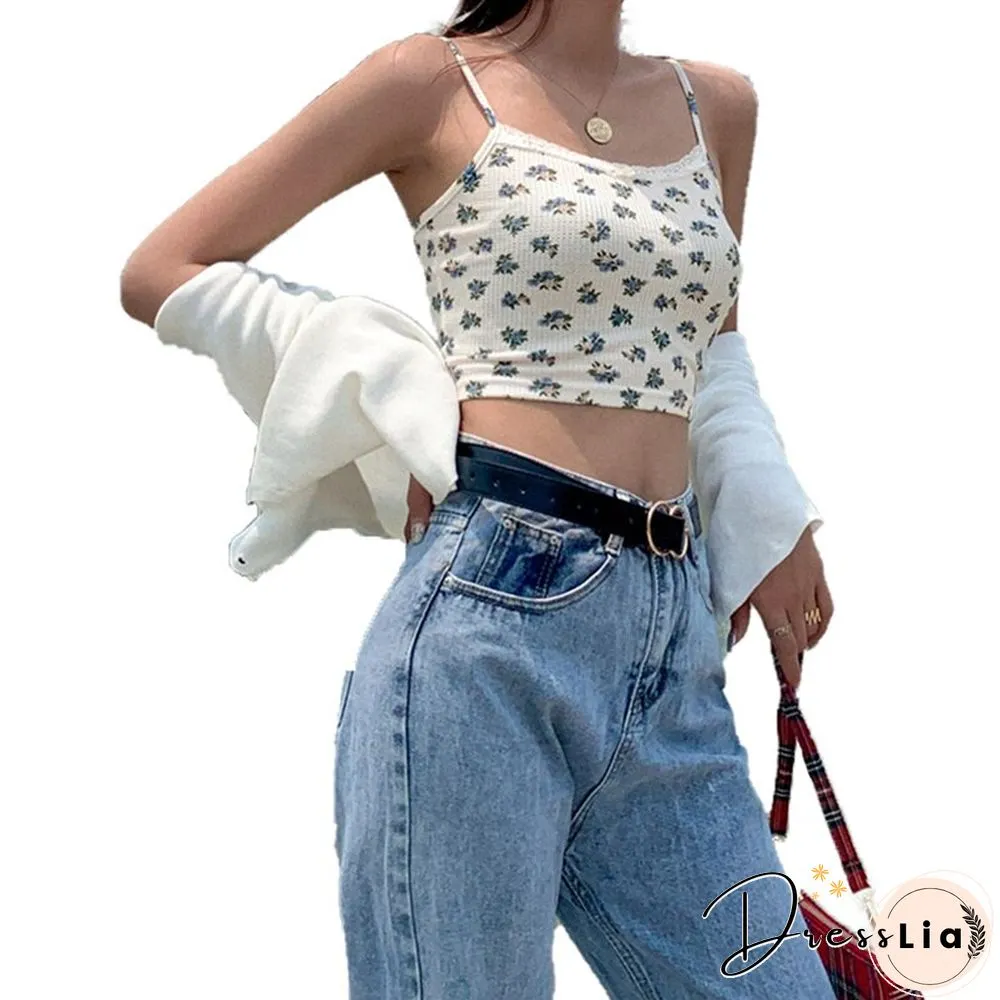 Womens Floral Camisole Y2k Lace Slim Backless Sleeveless Crop tops Kawaii Korean Fashion