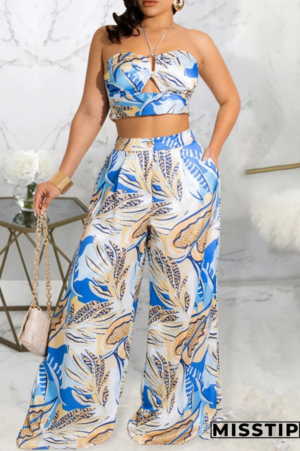 Blue Fashion Casual Print Solid Hollowed Out Backless Strapless Sleeveless Two Pieces