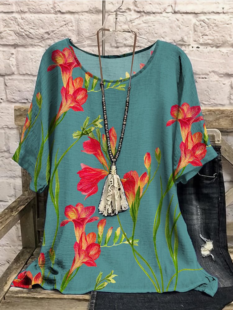 Women Half Sleeve Scoop Neck Floral Printed Blue Women Tops