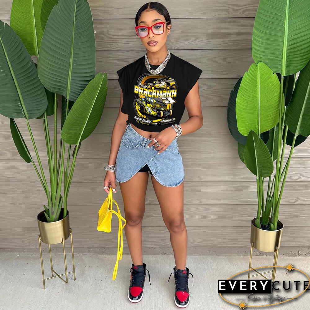 Racing Print Sleeveless Side Cutout T-Shirt Top