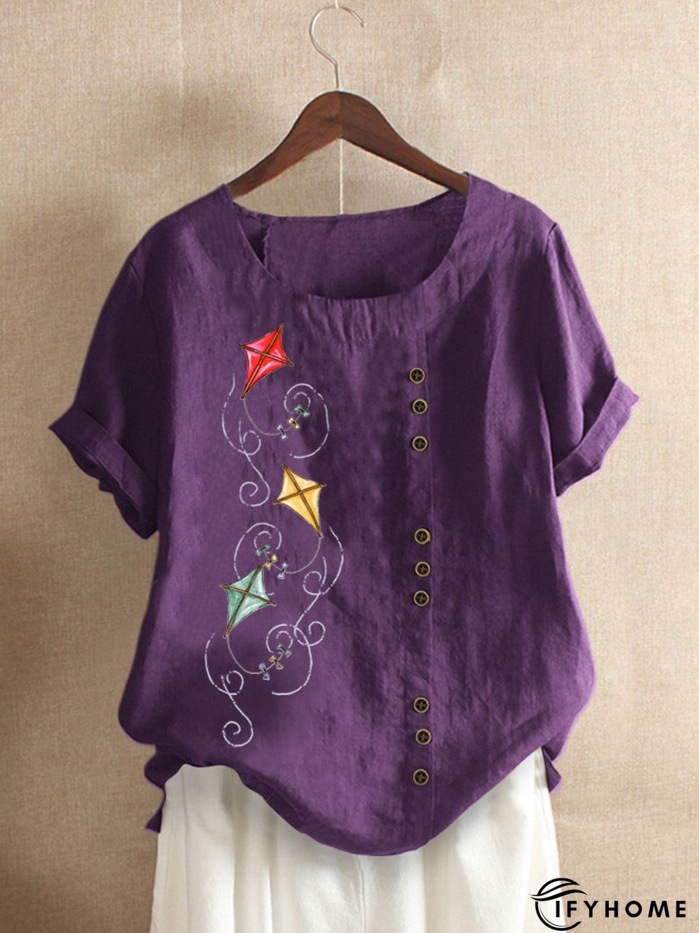 Purple Round Neck Casual Floral-Print T-shirt | IFYHOME