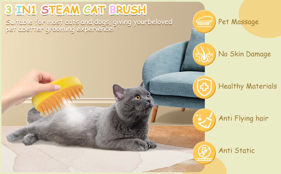 Cat Steam Brush for Shedding;  【3 in 1 Pet Steamy Brush】Hair removal, cleaning, massaging. While removing hair, clean dirt from hair and skin. Reduce the frequency of bathing. Massage promotes blood circulation 【Spray Design】Effectively prevents flying hair and prevents static electricity. It is also easier to open hair knots when hair is wet 【Smooth Silicone Brush Teeth】Smooth rounded teeth head take a better massage experience. Silicone brush teeth can stick the fallen hair better. The tapered spiral design conforms to messy hair and is tough enough to remove hair 【Mango-Shaped Design】Ergonomic, more comfortable to hold, and easier to comb messy hair in all directions. At the same time, it looks interesting and fashionable 【Suitable For All Pets】The shell is made of ABS plastic material, which is sturdy and durable. The brush teeth length is 0.52IN, suitable for all long-haired and short-haired cats and dogs.