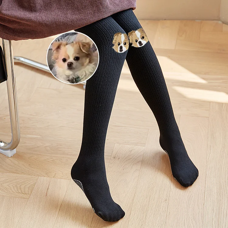 Custom Pet Face Full Color Embroidered Tights Warm Stretch Stockings For Girl