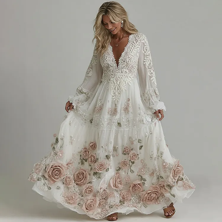 Women Vintage Lace Pink Floral Art Linen Blend Casual Dress