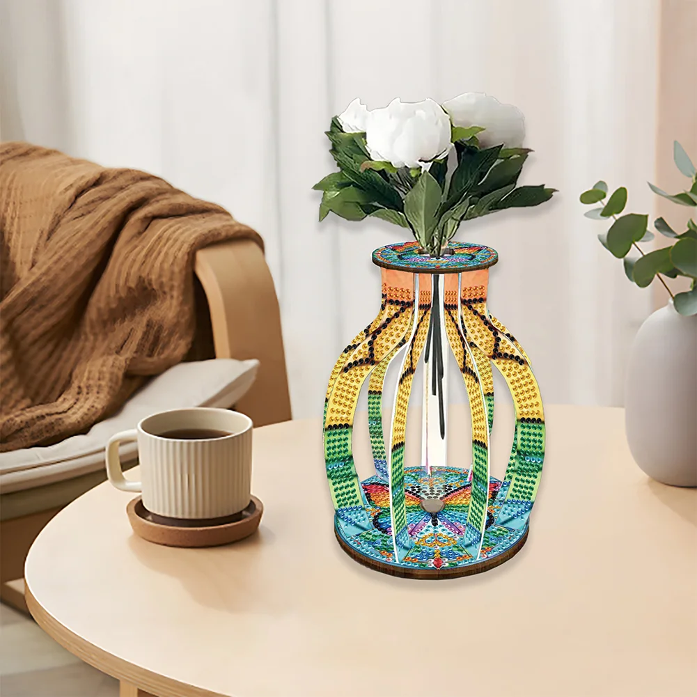 Acrylic Wood Butterfly 5D DIY Diamond Painting Flower Vase for Home Office Decor