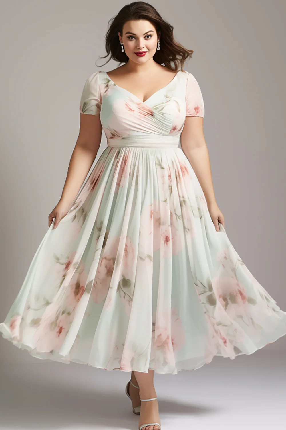Flycurvy Plus Size Wedding Guest Light Green Chiffon Floral Print Tunic Tea-Length Dress