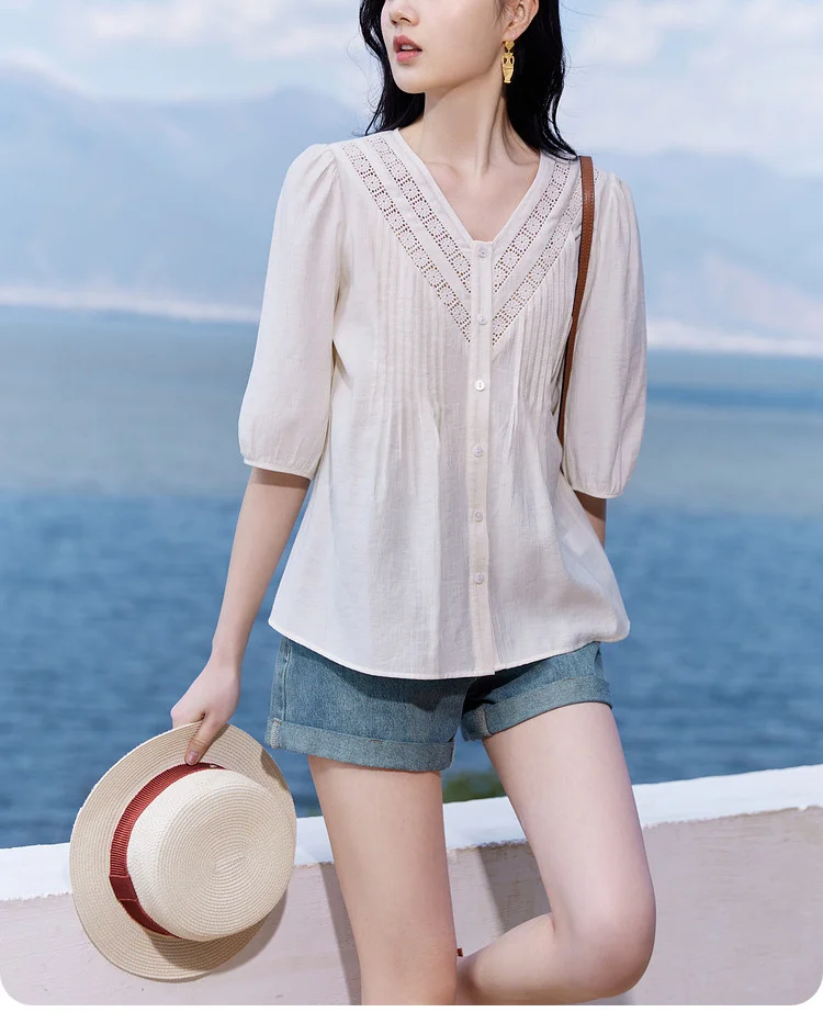 Athvotar Athvotar Atmosphere Age Reduction V-Neck Short-Sleeved Shirt Woman 2025 Summer New Commute Fashion Temperament Top
