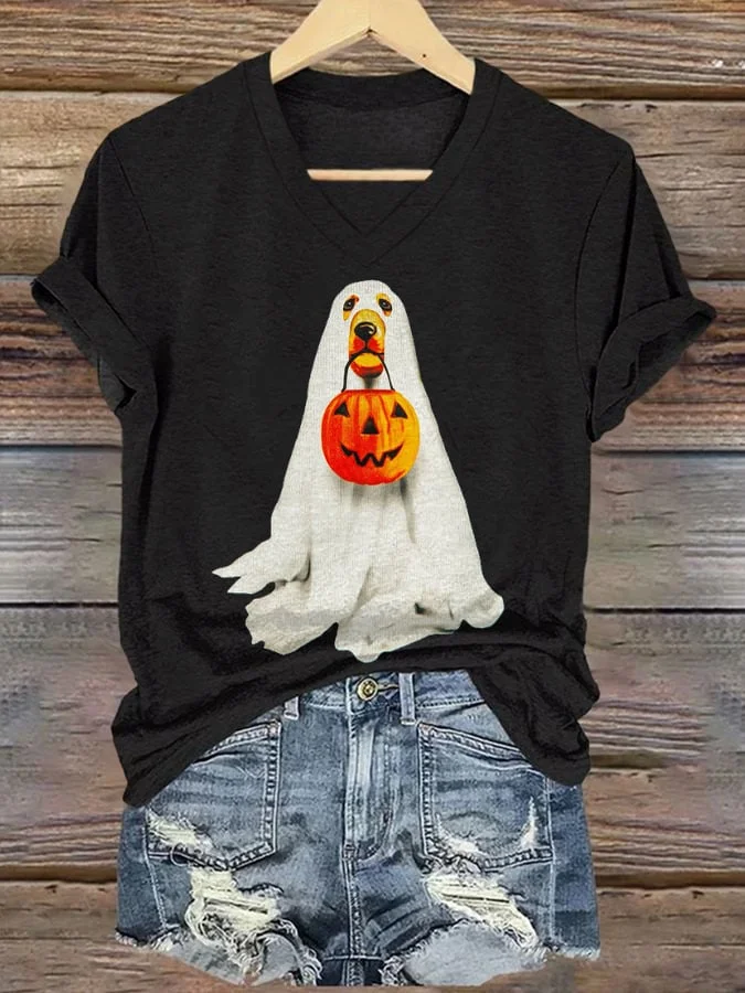 Women's Cute Ghost Dog Halloween Pumpkin Print V Neck T-shirt