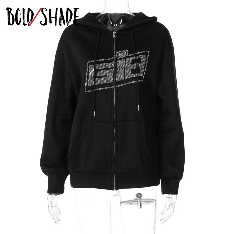 Bold Shade 90s Skater Style Rhinestone Hoodies Letter Pocket Zipper Women Sweatshirts Long Sleeve Y2k E-girl Streetwear Hoodie