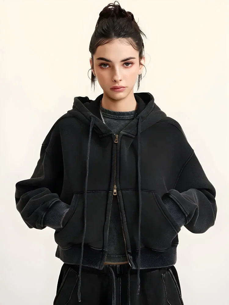 Brownm Zip-Up Cropped Hoodie