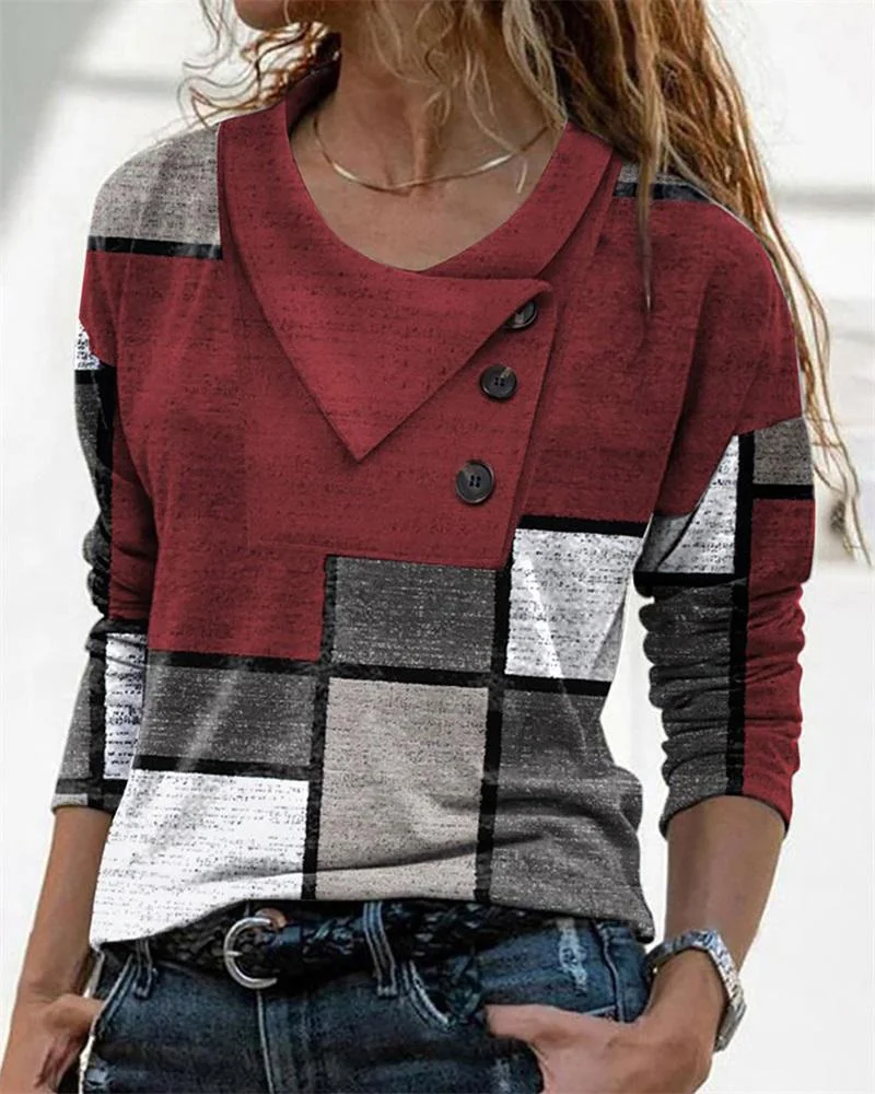 Colorblock Button Decor Long Sleeve Top