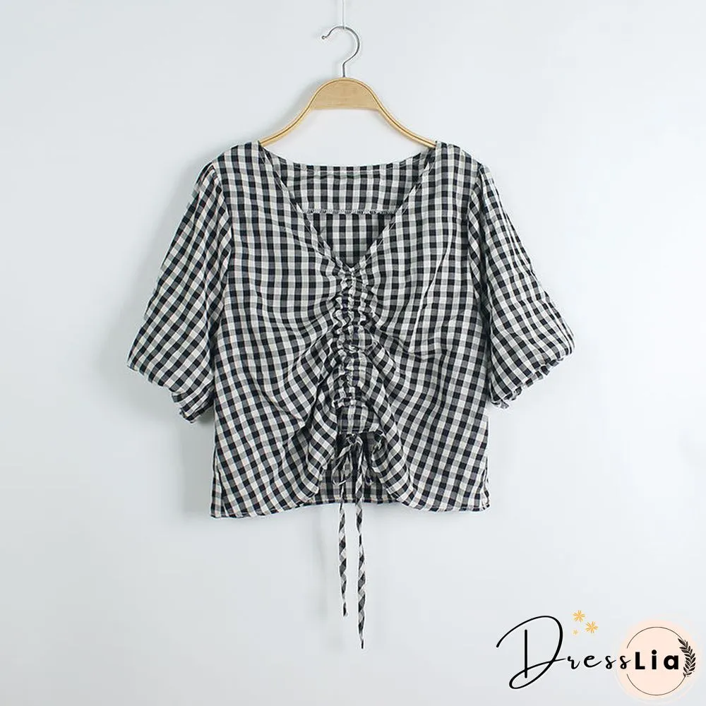 T-Shirts Womens Summer Crop Tops Plaid V-Neck Lantern Sleeve 2Xl Drawstring Slim Chic