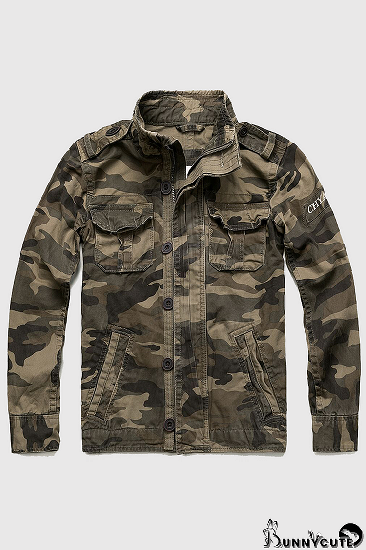 Camouflage Fashion Casual Solid Camouflage Print Buckle Zipper Mandarin Collar Outerwear
