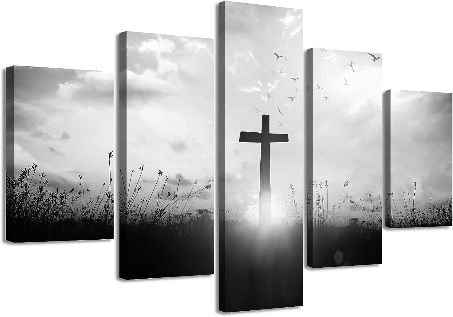 DJSYLIFE Living Room Wall Decor Christian Wall Art Resurrected Paintings Catholic Pictures Religious Cross Canvas Artwork Decorations 60 inch  W x 40 inch  H 5 Pieces 60&#034;W x 40&#034;H