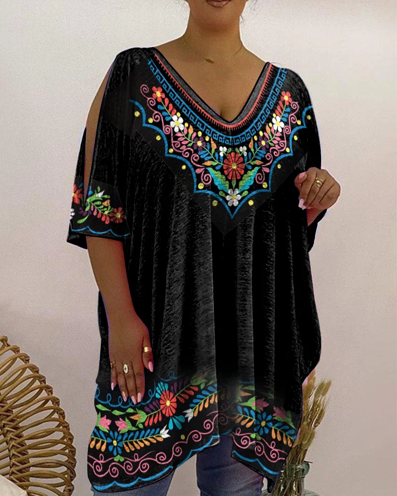 Women's Casual V-Neck Loose Floral T-Shirt