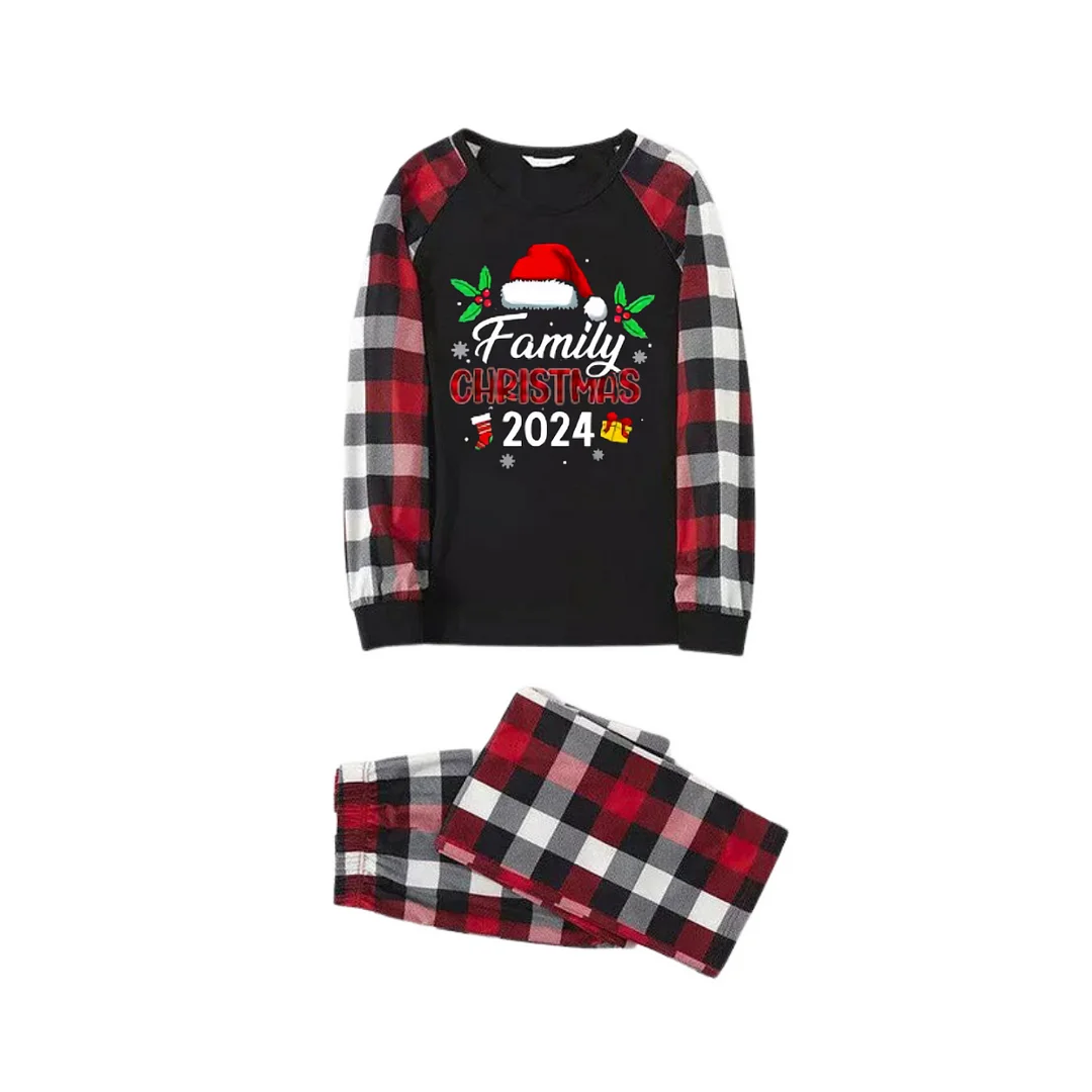"Family Christmas 2024" with Santa Hat Pattern Ⅰ- Red&Black&White Plaid  Matching Pajamas