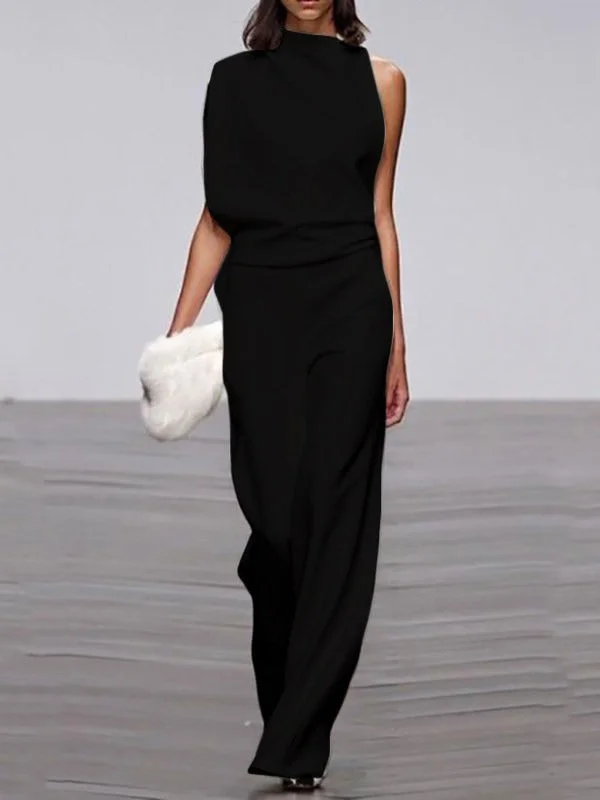 Urban Asymmetric Solid Color One Shoulder Top And Pants Set