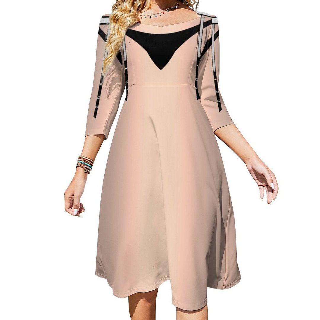 Sissy Garter Lingerie Chastity Cover Dress Sweetheart Tie Back Flared 3/4 Sleeve Midi Dresses