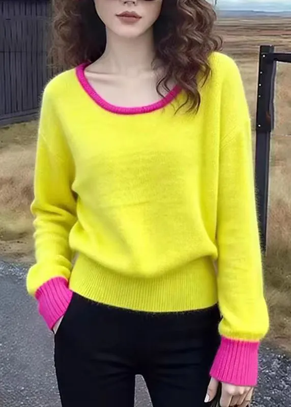 Cute Yellow O-Neck Patchwork Cotton Knit Sweater Spring