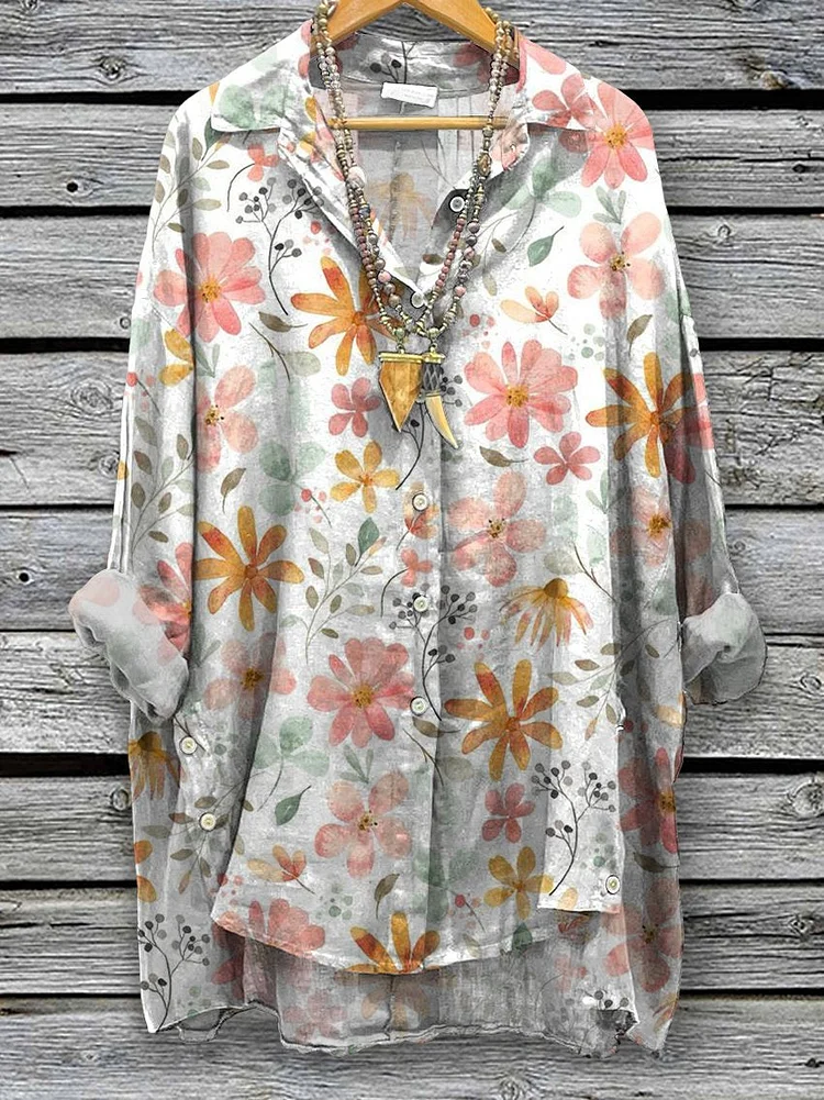 Women's Classic Flowers Spring Floral Print Casual Cotton And Linen Shirt