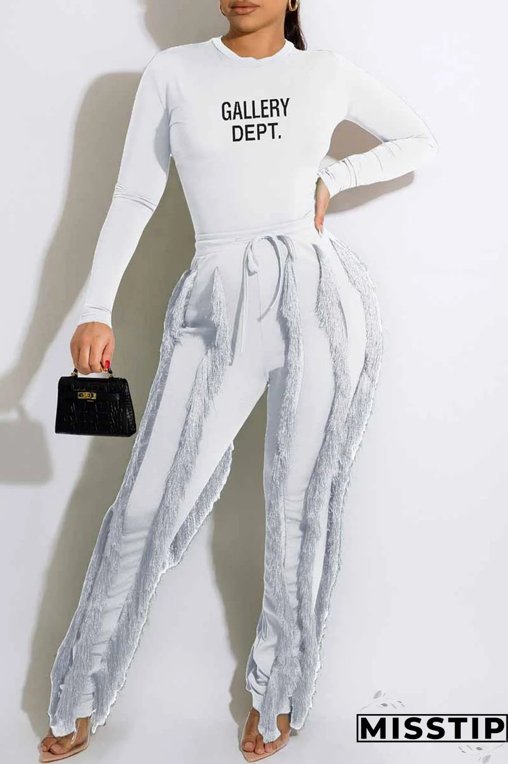 Green Casual Print Letter O Neck Long Sleeve Two Pieces