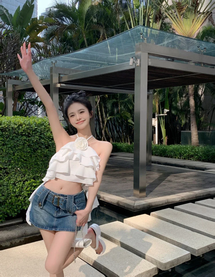 Uveng Uveng Flowers With Slings Women's New Summer Resort Style Sexy Vest Wearing Short Babes Sleeveless Tops