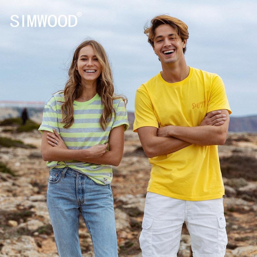 SIMWOOD 2021 Summer New Green Striped T-shirt Men Fashion 100% Cotton Plus Size Tops Matching Couple T-shirts  Tees SJ150119