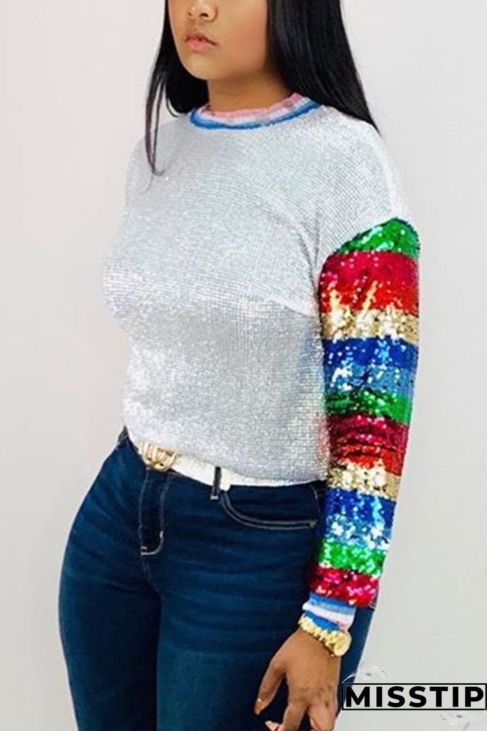 Multicolor Fashion Sequined Long Sleeve Top