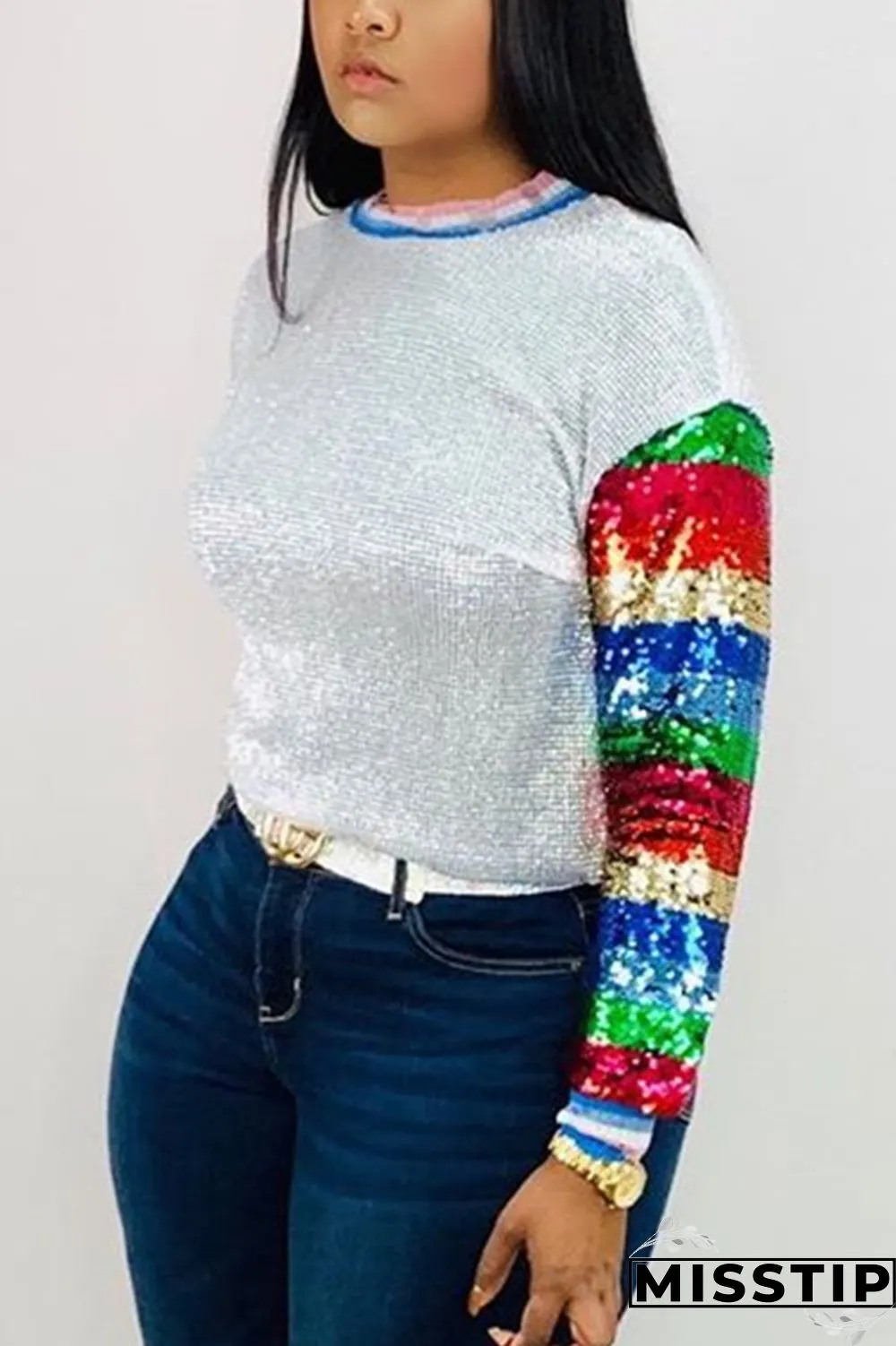 Multicolor Fashion Sequined Long Sleeve Top
