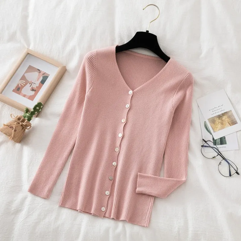 Women Casual Front Buttons Knitted Cardigan Long Sleeve Sexy V neck Solid High Street Warm Pullover 2021 Winter New Fashion Tops