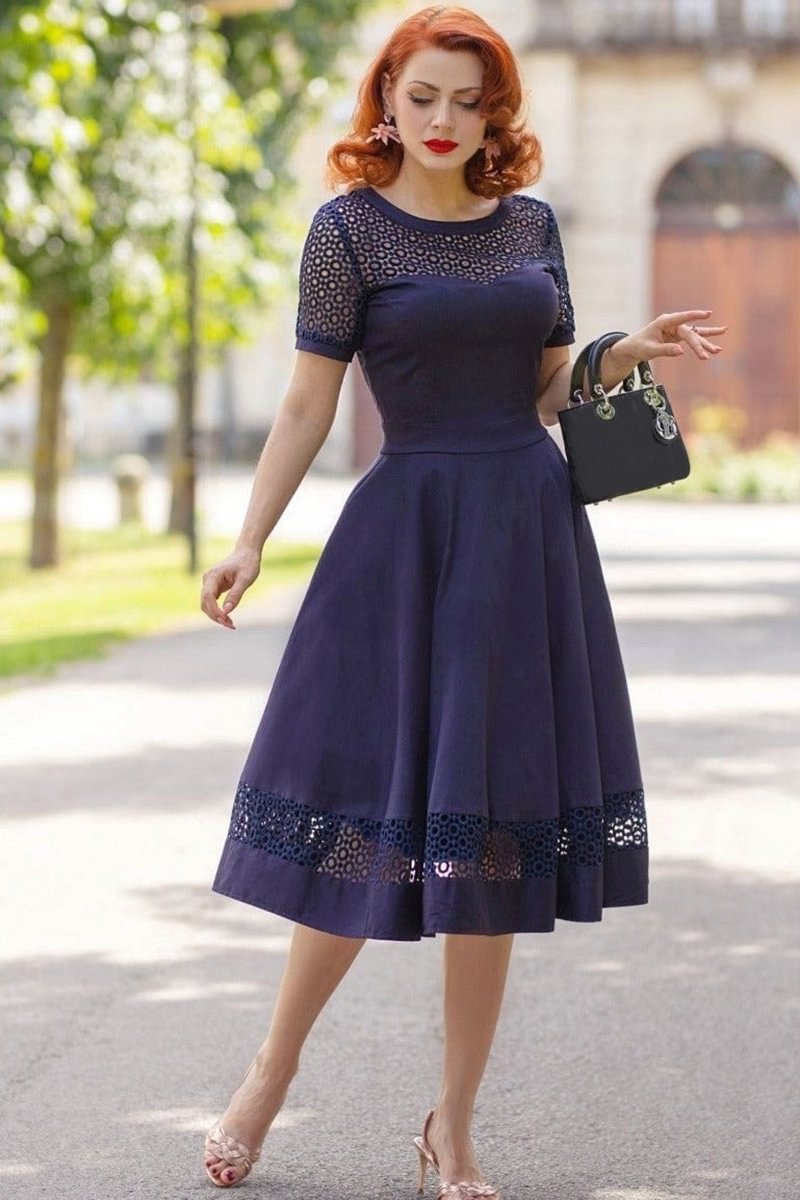1950s Navy Blue Formal Fitted Waist Lace Double Layer Patchwork A-line Midi Dress [Pre-Order]