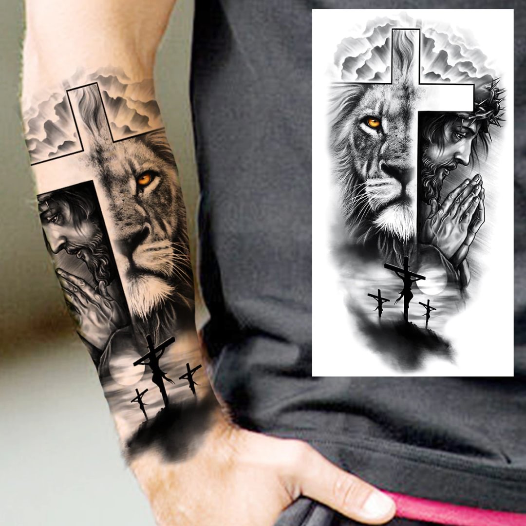 Gingf Praying Cross Temporary Tattoos For Men Adults Realistic Wolf Tiger Compass Skull Fake Tattoo Sticker Forearm Tatoos Arm