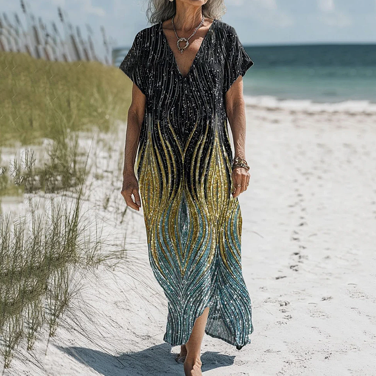 Women's Vintage Optical Illusion Silver Gold Gradient Art Print Short Sleeve Cotton Dress