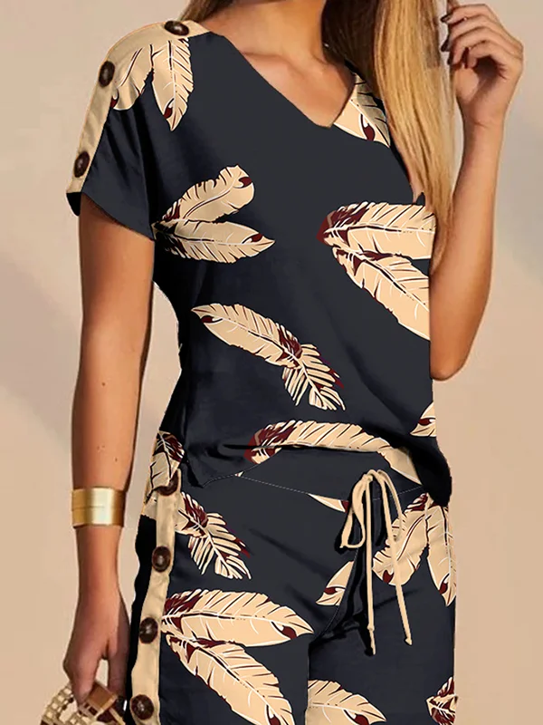 Short Sleeves Buttoned Drawstring Leaves Print Split-Side V-Neck T-Shirt + Shorts Two Pieces Set