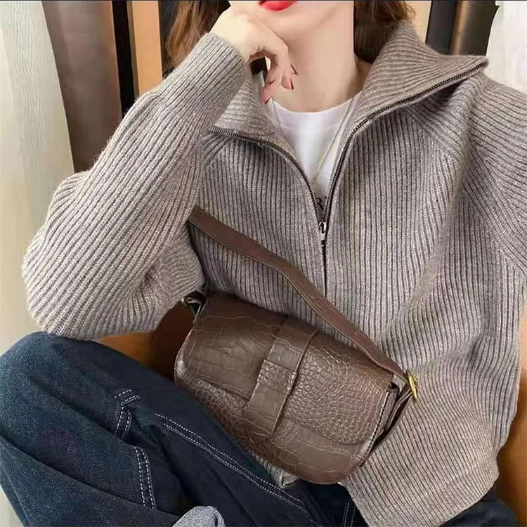 Women's Long Sleeve Zipper Knitting Cardigan Lapels Coat