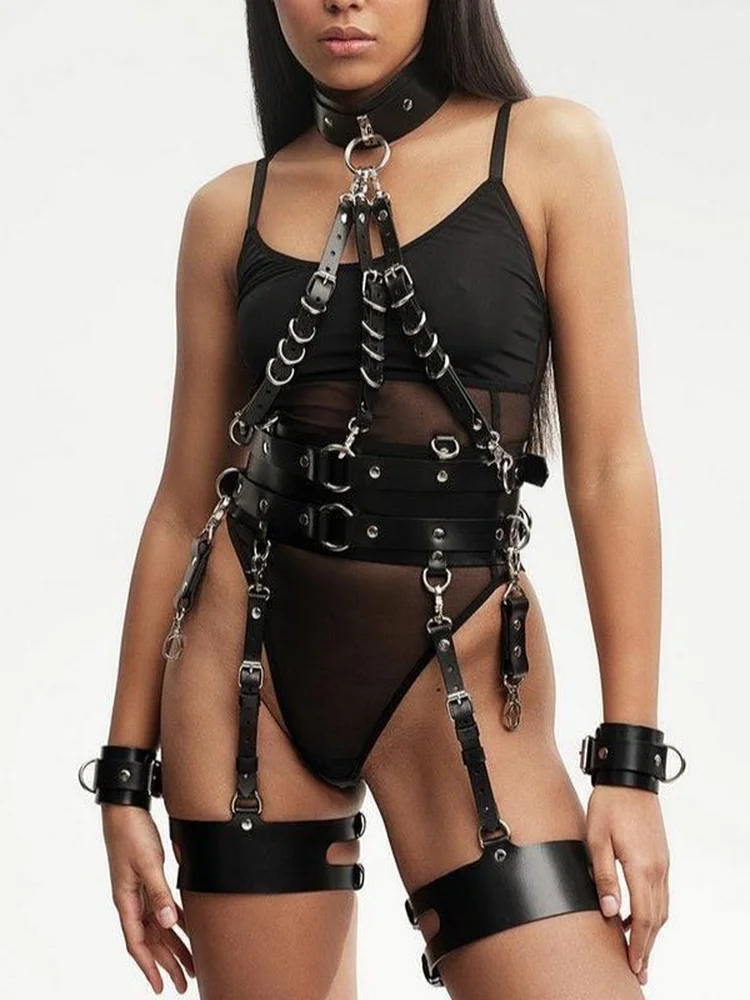 pornhint Pornhint Bondage Harness Leather Full Body Set Bondage Lingerie Burning Man Outfit World Goth Day Gift Leather Body Harness Cuffs and Bondage Set leather body harnesses for women