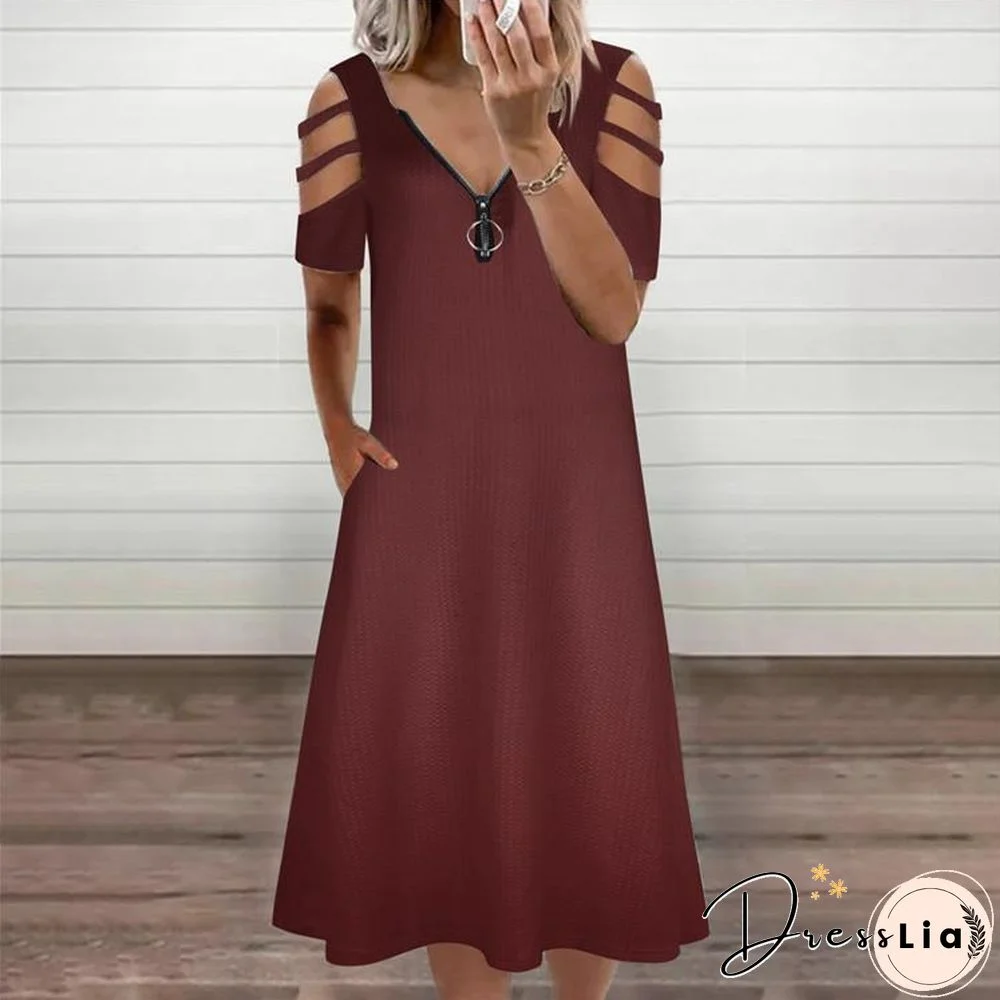 Hollow Zipper V-Necked Women Simple Dress