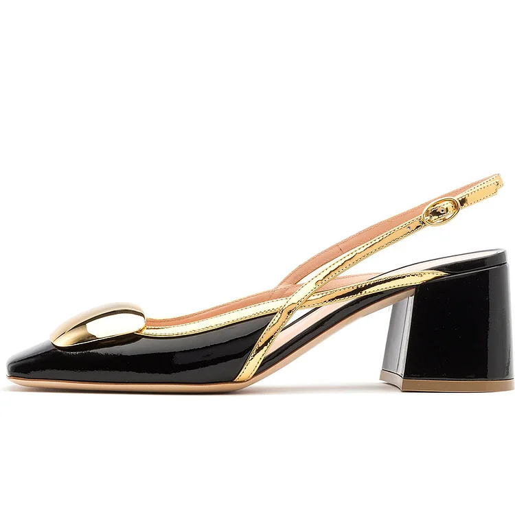 Black & Gold Patent Leather Buckle Slingback Pumps with Block Heel |FSJ Shoes