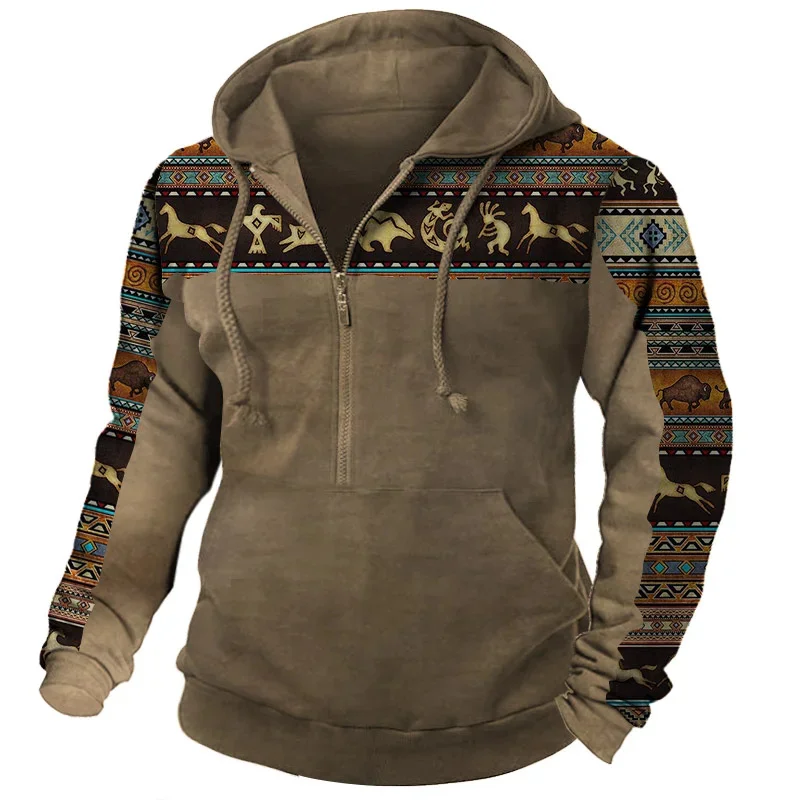 Zip Up Hood With Western Horse Print Hoodie