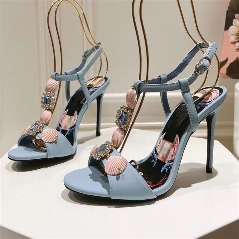 Unique Shell Diamond T-Strap Sandals Women 10cm Stiletto Heel Genuine Leather Print Flower Party Shoes
