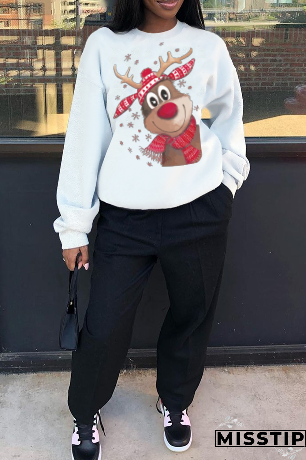 Black Casual Street Print Wapiti Patchwork O Neck Tops