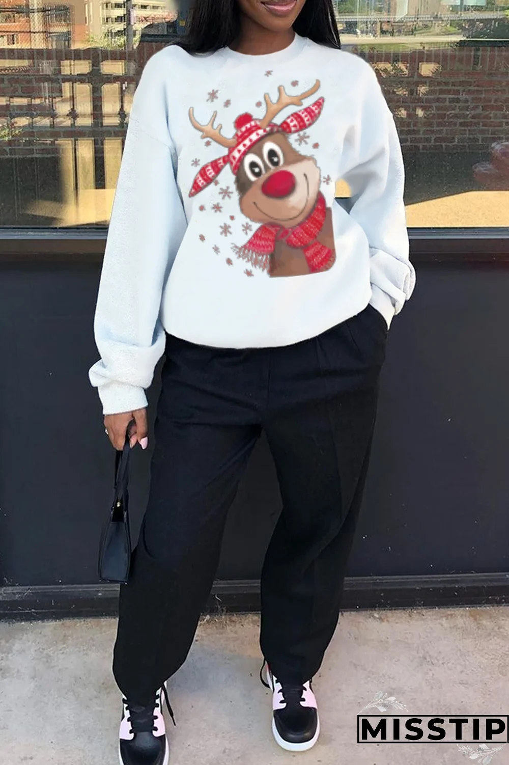 Black Casual Street Print Wapiti Patchwork O Neck Tops