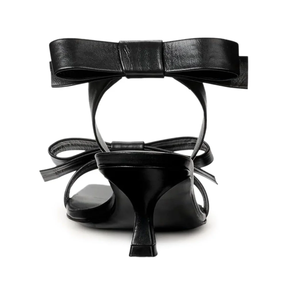 Vegan Leather Square Toe Bow Inlay Strap Kitten Heel Sandals in Black