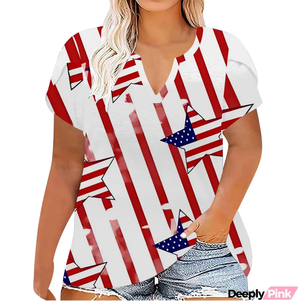 Plus Size Women Printed Summer Short Sleeve V-Neck T-Shirt