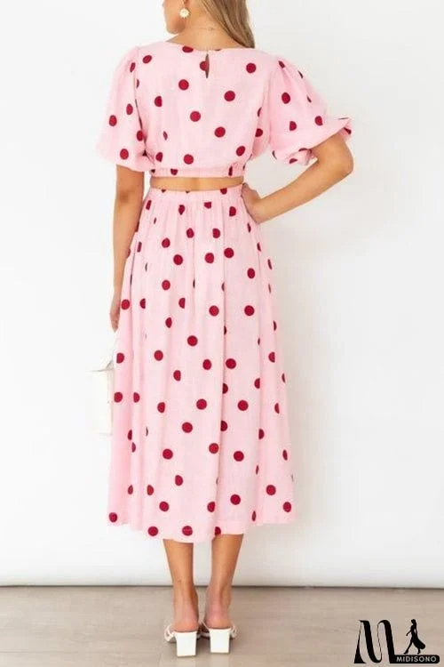 MidiSono - Polka Dot Puff Sleeve Maxi Skirts Set