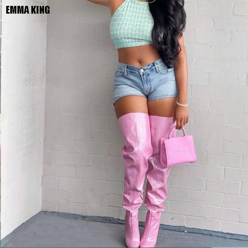 VCSHOES Women Pink Over The Knee Boots High Heels Patent Leather Solid Color Pointed Toe Stiletto Side Zipper Looss Long Boots 44