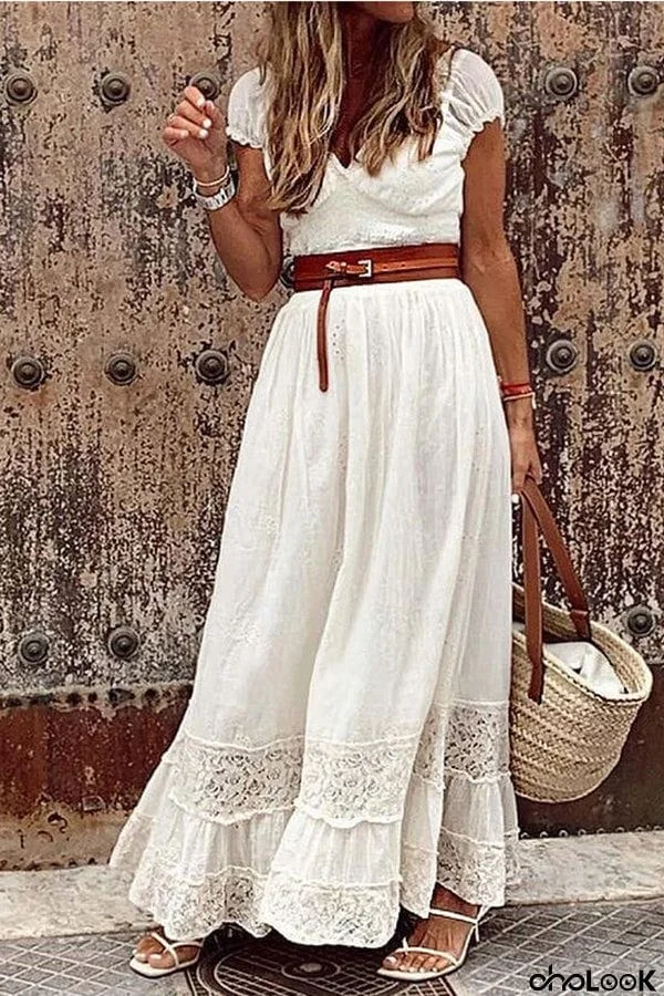 Lace Stitching Mid Waist Solid Color Maxi Dress (With Belt)