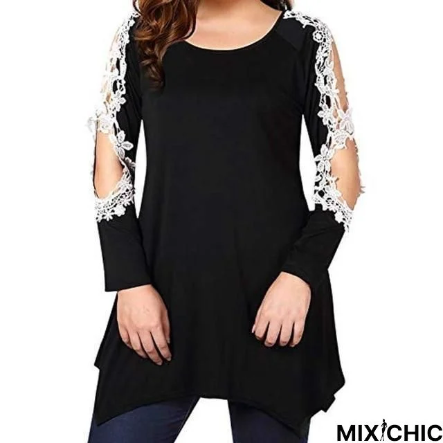 Plus Size Women Lace Patchwork Tunic Blouse Long Sleeve Casual Blouse Tops