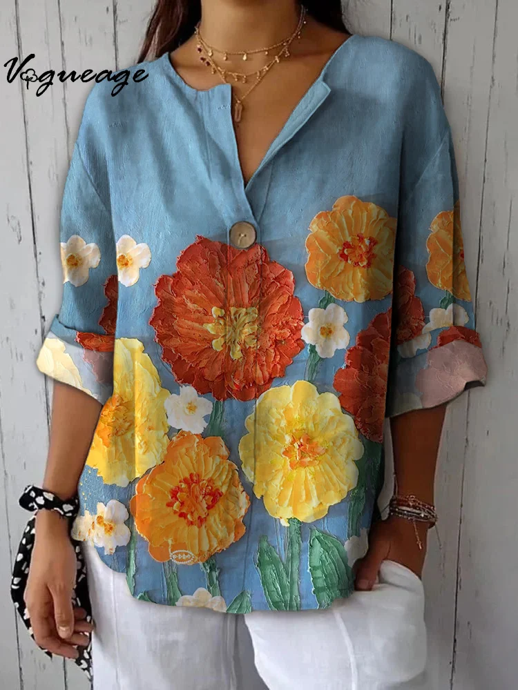 Simple And Stylish Oil Painting Flowers Printed Cotton And Linen Shirt